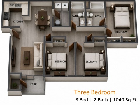 Floor plan for 3 beds, 2 baths, 1040 sqft